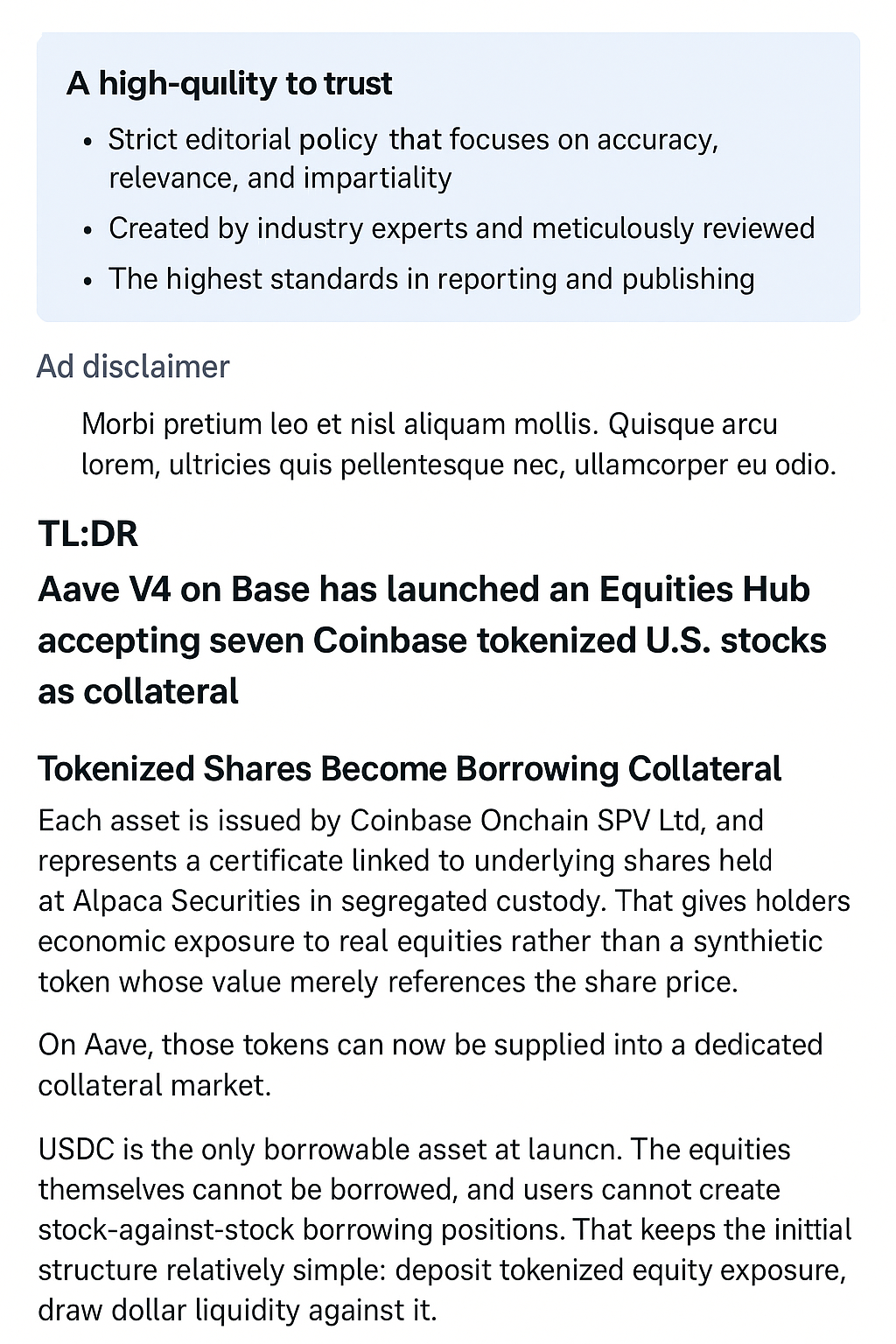 Aave Introduces Equities Hub for Tokenized Stocks, Enabling USDC Loans with Apple and Nvidia