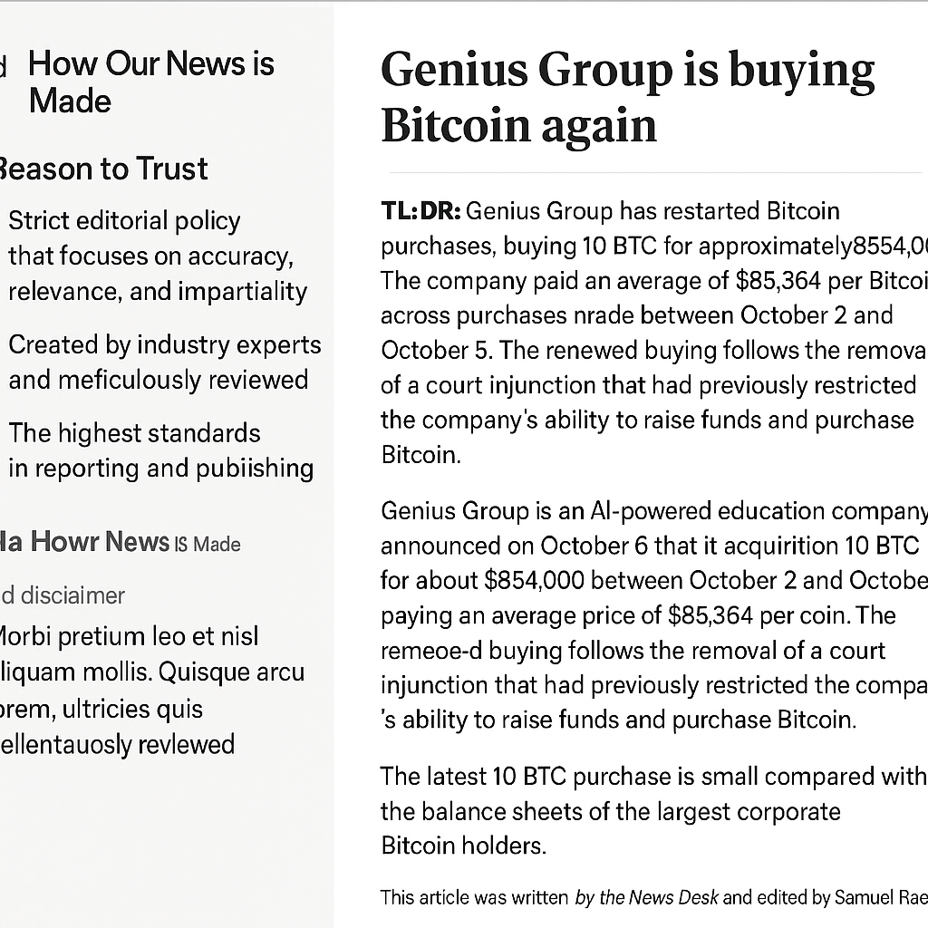 Genius Group Resumes Bitcoin Acquisitions with 10 BTC Purchase